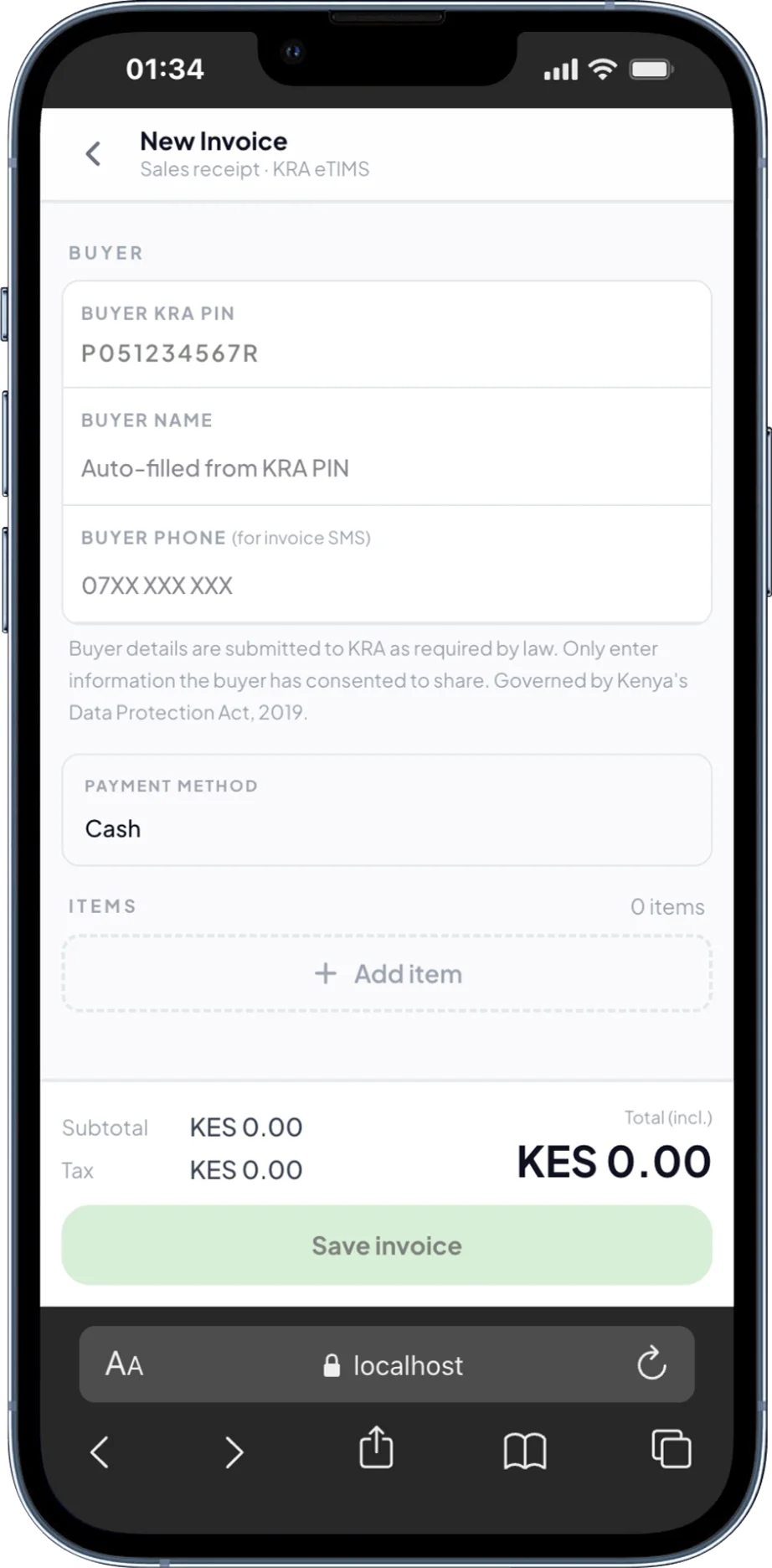 Create a KRA eTIMS invoice in the Risiti business app