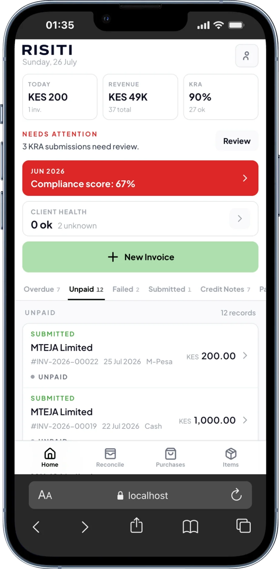 Risiti business dashboard showing revenue and submission health